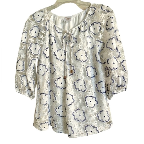 Sirenlily Women’s Blouse White Blue Floral PS - Picture 1 of 9
